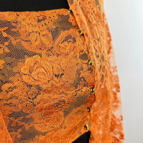 VINTAGE Orange Sheer Lace Scalloped Edge Long Sleeve Bandeau w/ Attached Jacket - Picture 6 of 6